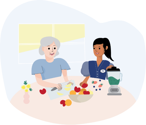 And illustration of angel and a happy granny cooking together